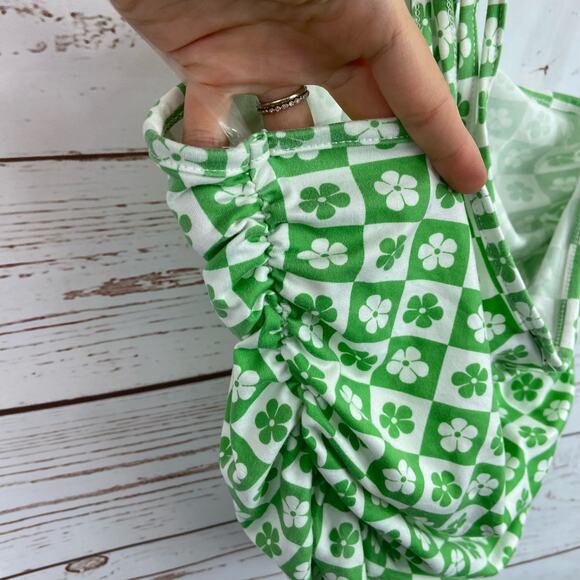 Windsor S Green White Checkered Shamrock Clover Tie Up Halter Ruched Crop Top - Picture 5 of 8